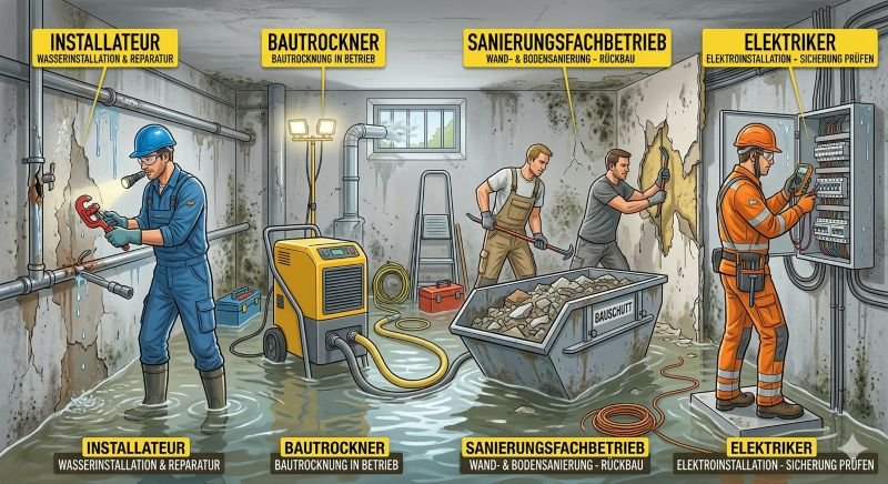 Welchen Handwerker brauche ich bei Wasserschaden im Keller?